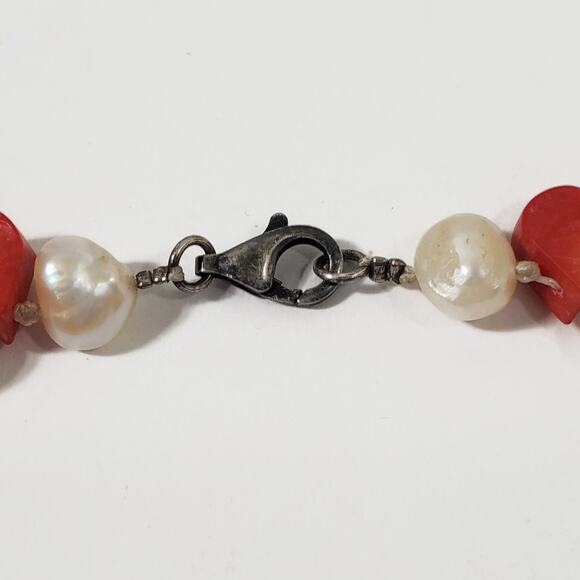 Freshwater Pearl & Teardrop Shaped Red Coral Bead Sterling Silver Necklace 20" - Picture 8 of 9